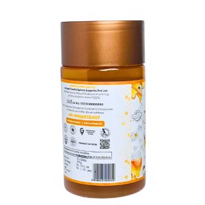 Back view of 500g jar of 100% pure, organic, raw, unprocessed Kashmir Himalayan honey showing nutritional information and certifications