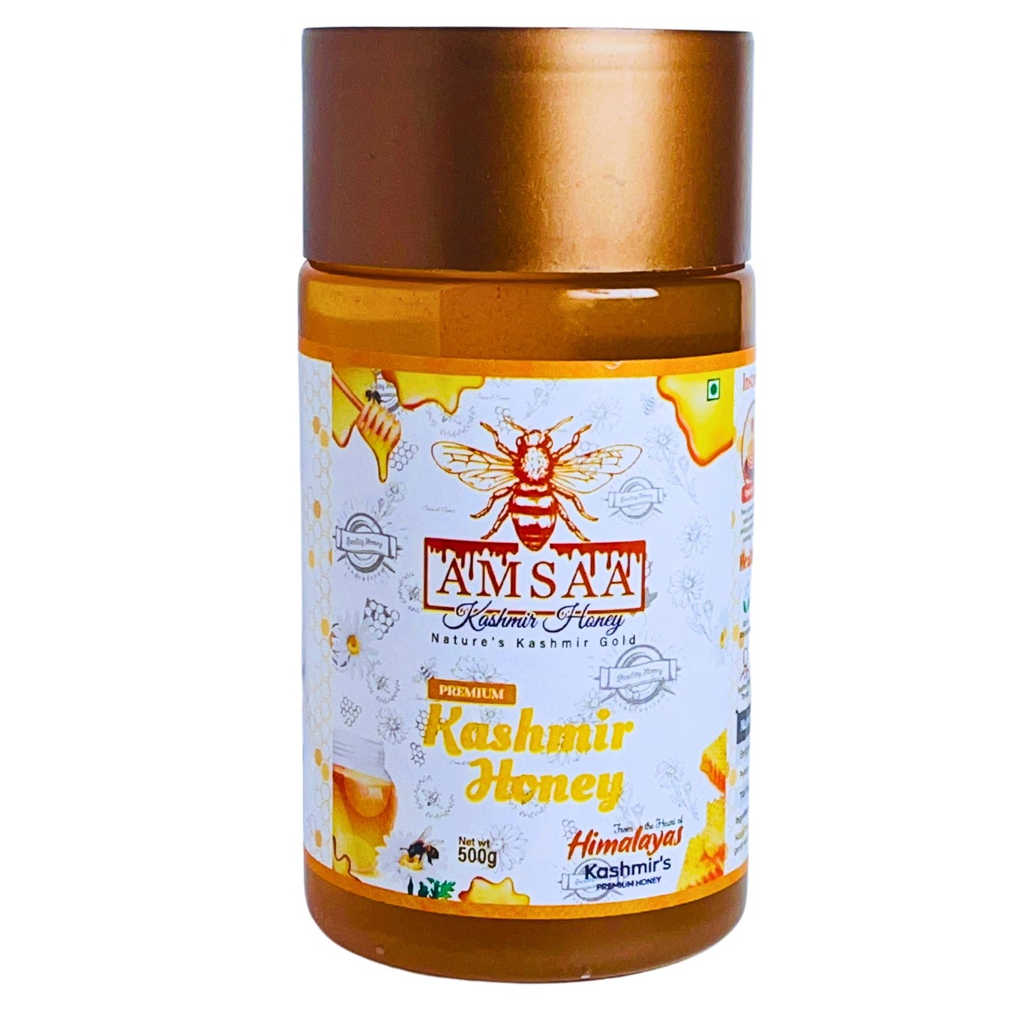 500g jar of Amsaa 100% pure, raw, and unprocessed Kashmir Himalayan Honey showcasing its premium packaging.