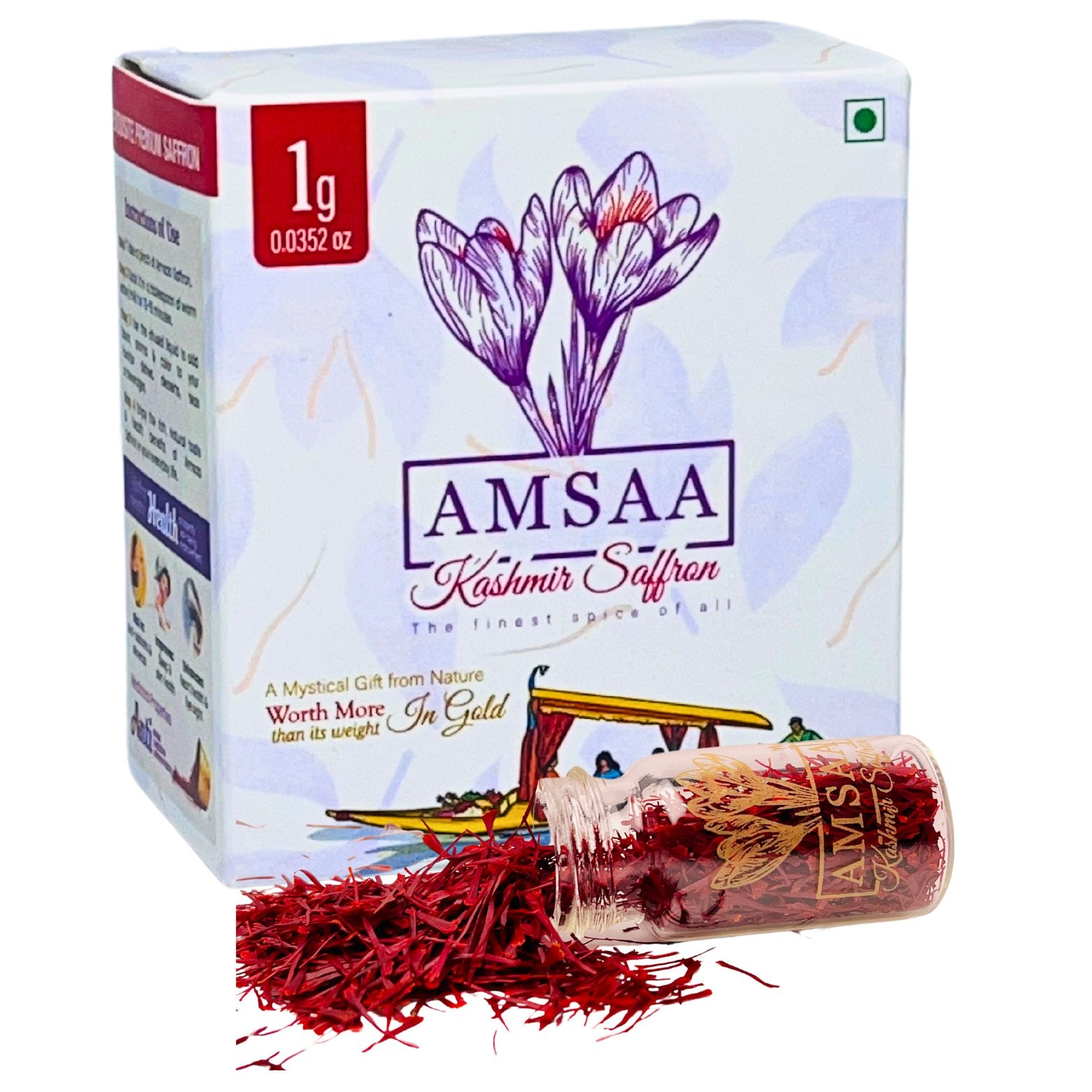 Amsaa Kashmir Saffron 1 Gram pack with real Kesar threads in a glass bottle from Kashmir fields.