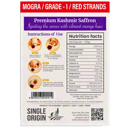 Detailed packaging of Premium Kashmir Saffron with instructions and nutritional facts, featuring Mogra Grade 1 red strands, single origin.