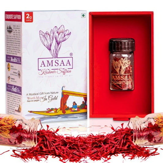 Amsaa Kashmiri Saffron Premium Gift Pack with a jar of authentic Kesar and vibrant saffron strands, perfect for gifting and culinary use