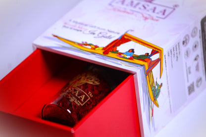 Kashmiri Saffron Premium Gift Pack by Amsaa, showcasing authentic Kesar in an elegant glass jar with vibrant packaging.